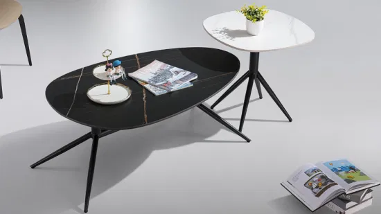 Mesa de chá de pedra sinterizada importada italiana, design simples, aço carbono lixado preto, formato especial, mesa de centro para sala de estar