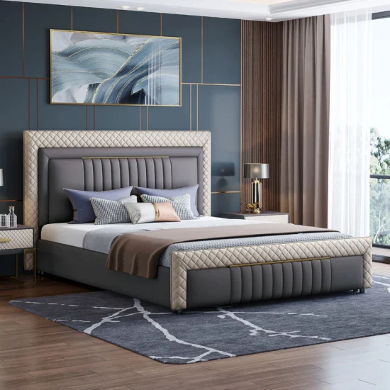 Luxo atacado fábrica queen móveis quarto duplo couro camas de madeira mesa de cabeceira cama barata
